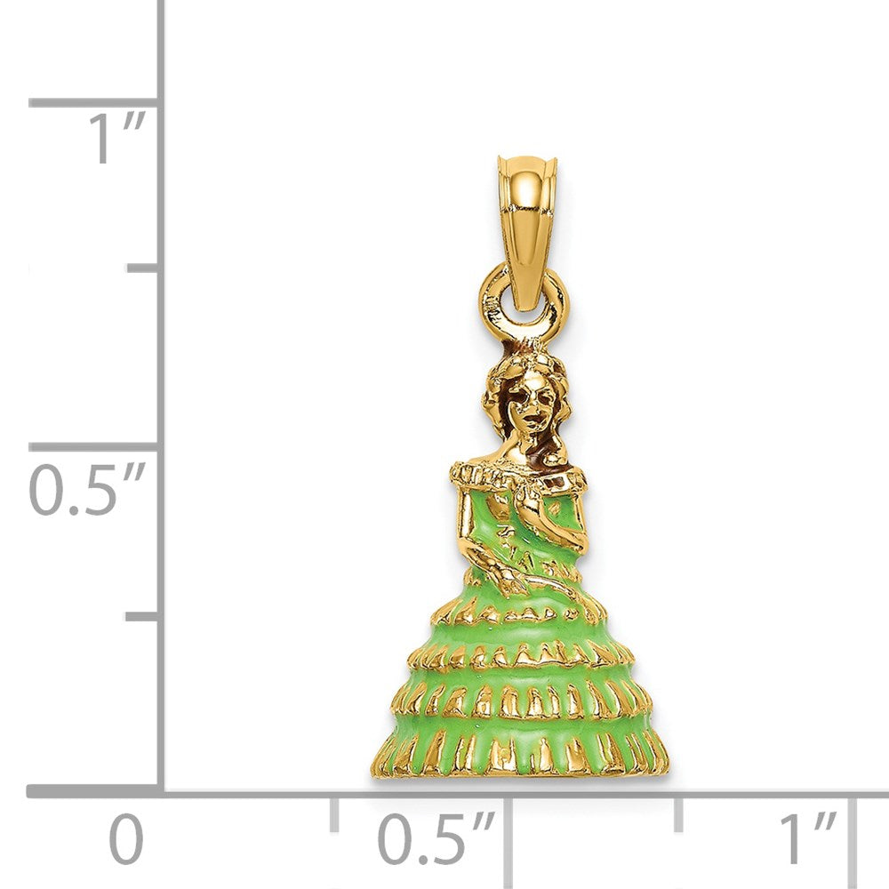 Million Charms 14K Yellow Gold Themed 3-D With Green Dress Enamel Charleston Southern Belle Charm