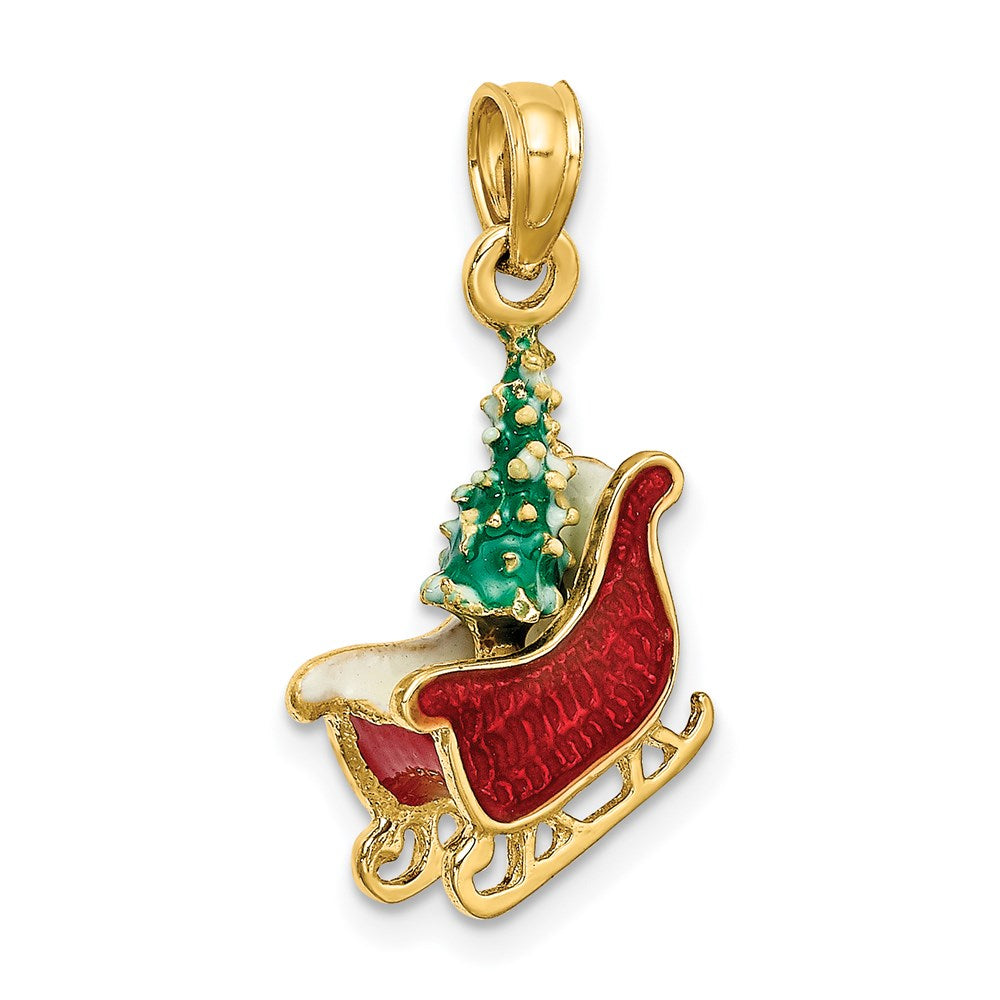 Million Charms 14K Yellow Gold Themed 3-D Enamel Sleigh With Christmas Tree Inside Charm
