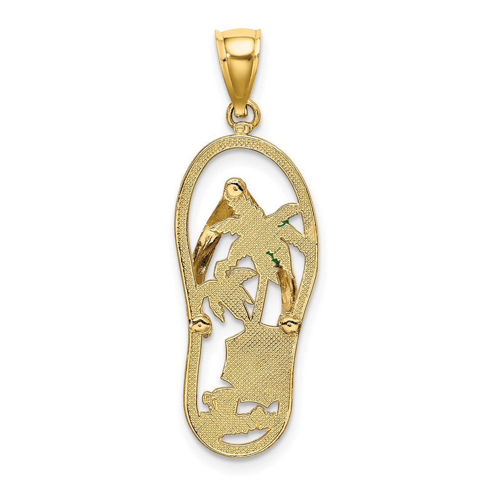 Million Charms 14K Yellow Gold Themed Enamel Palm Tree Beach Scene Flip-Flop Charm