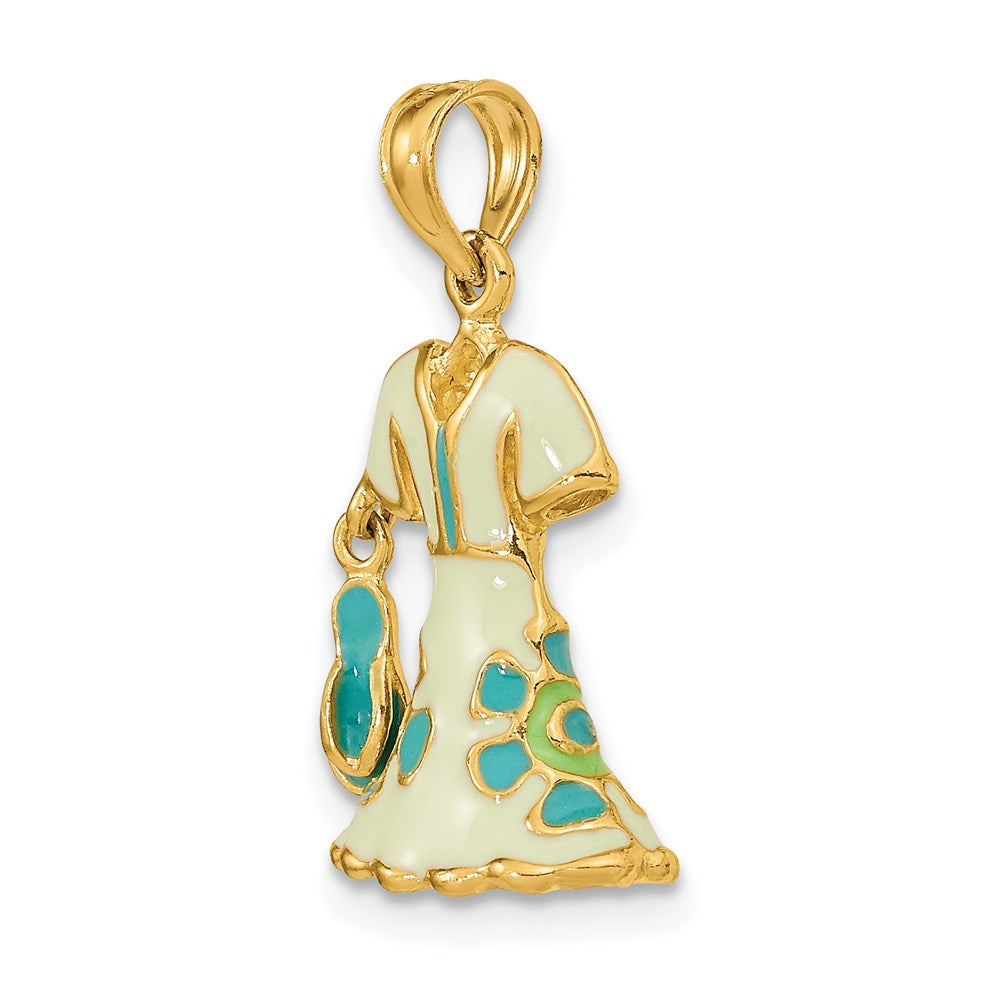 Million Charms 14K Yellow Gold Themed 3-D Moveable Enamel Mint Floral Dress With Flip-Flop Charm
