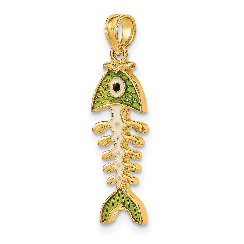 Million Charms 14K Yellow Gold Themed Green Enamel Fish Bone Charm