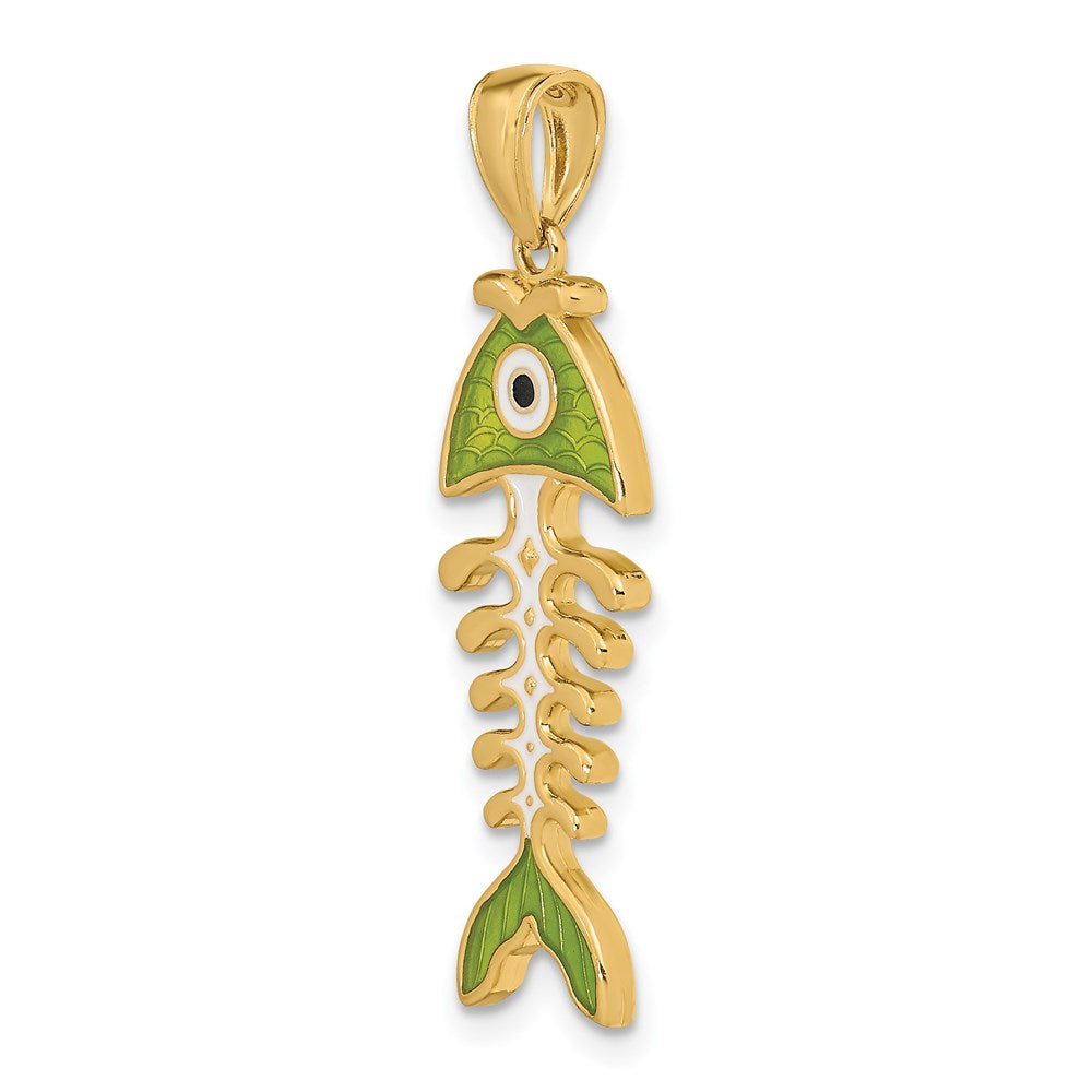Million Charms 14K Yellow Gold Themed Green Enamel Fish Bone Charm
