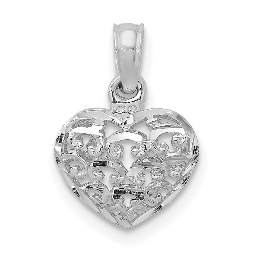 Million Charms 14K White Gold Themed 3-D & Diamond-Cut Mini Puffed Heart Charm