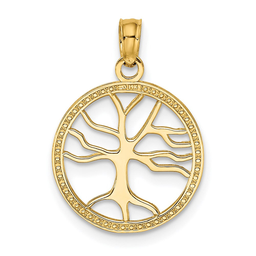 Million Charms 14K Yellow Gold Themed 3-D Small Tree Of Life In Round Frame Charm