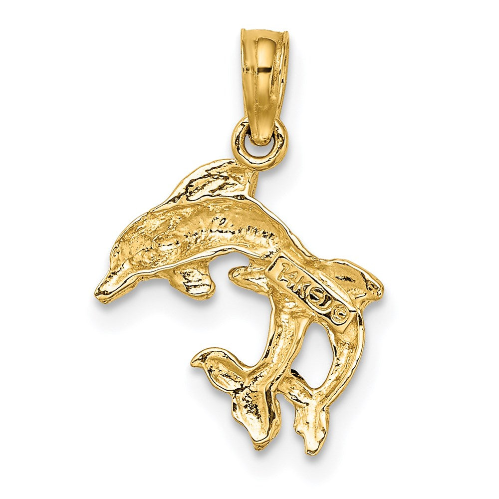 Million Charms 14K Yellow Gold Themed Polished 2-D Mini Double Dolphins Charm