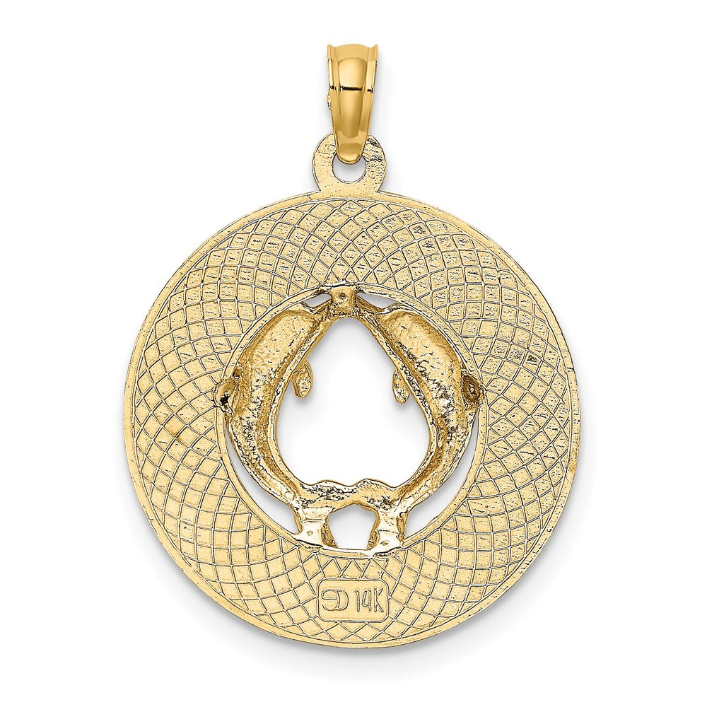 Million Charms 14K Yellow Gold Themed Marco Island On Round Frame With Dolphins Charm