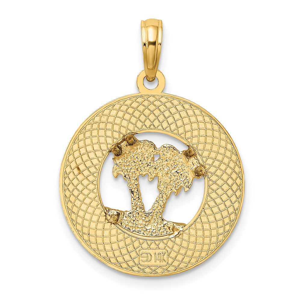 Million Charms 14K Yellow Gold Themed Florida On Round Frame With Double Palm Tree Charm