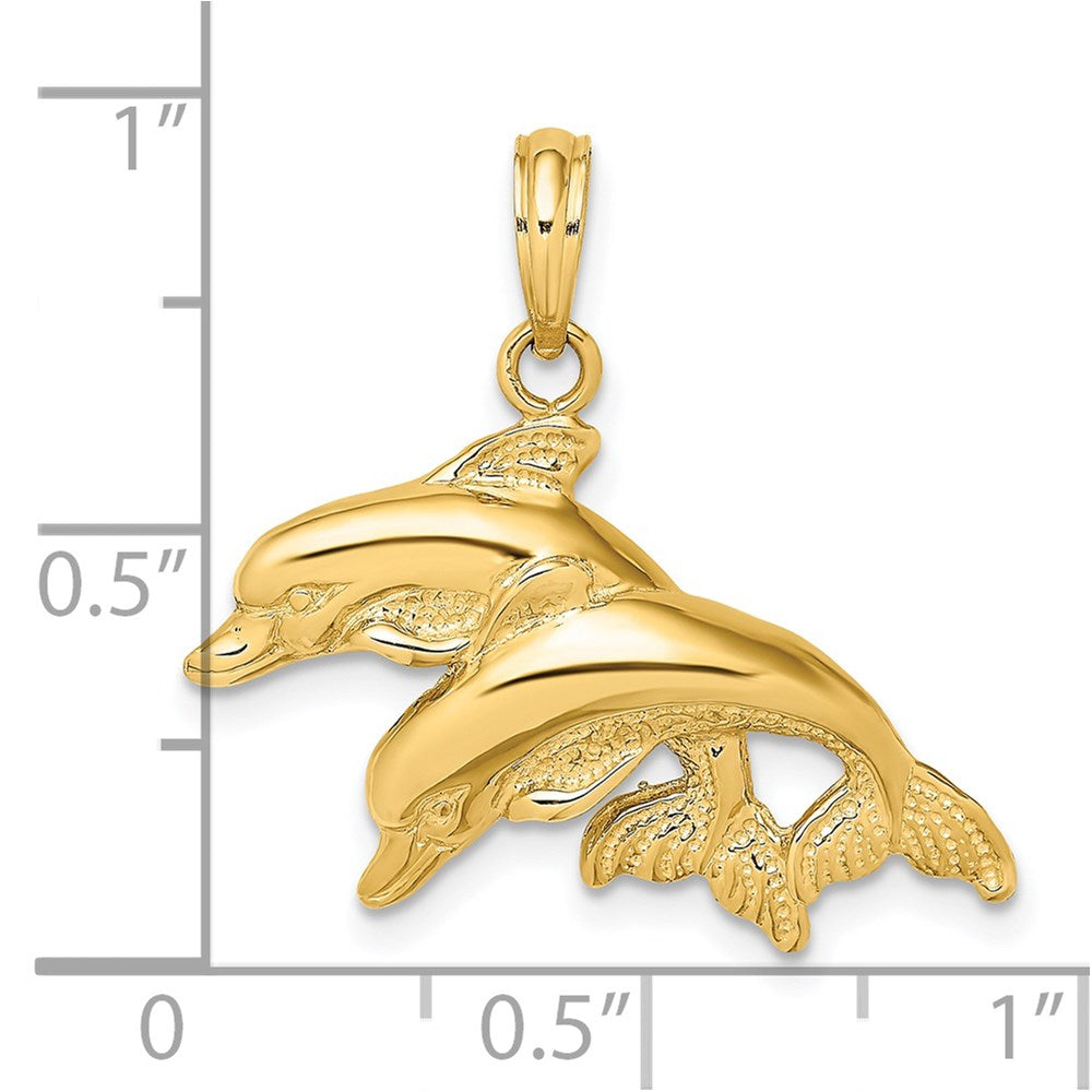 Dije de dos delfines Million Charms de oro amarillo de 14 K, con diseño bidimensional, pulido y grabado