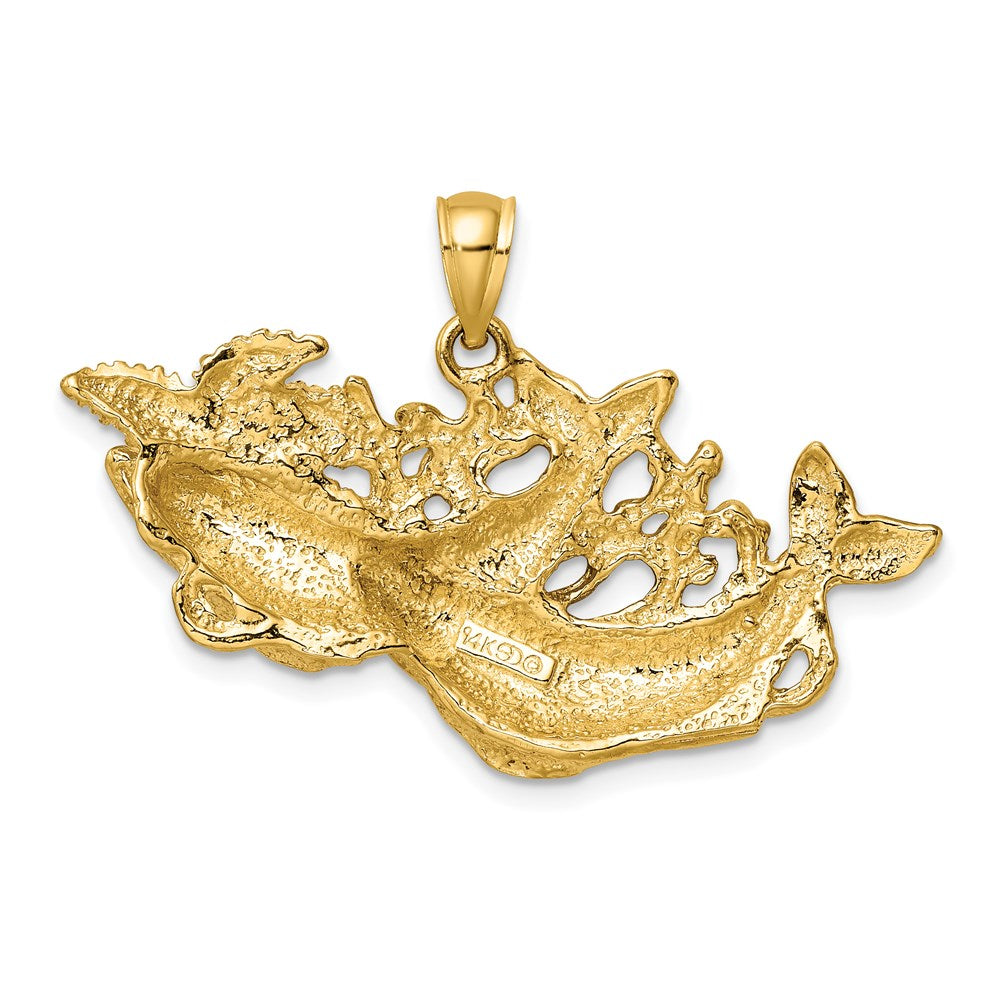 Million Charms 14K Yellow Gold Themed Polished & Textured Dolphins Swimming In Front Of Nautical Starfish Pendant