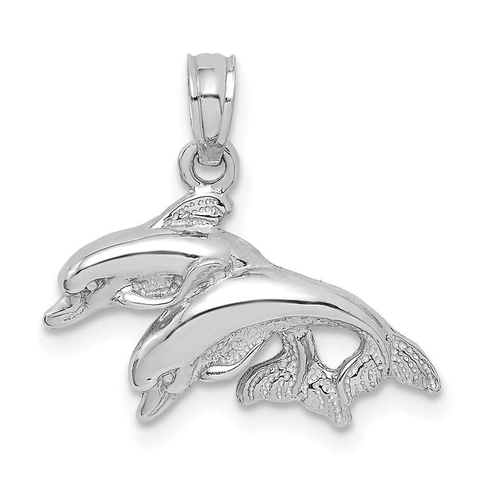 Dije Million Charms de delfines dobles saltando hacia la izquierda, temático y pulido, en oro blanco de 14K