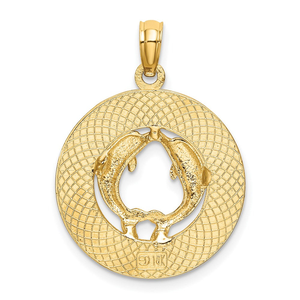 Million Charms 14K Yellow Gold Themed Turks & Caicos On Round Frame With Dolphins Charm