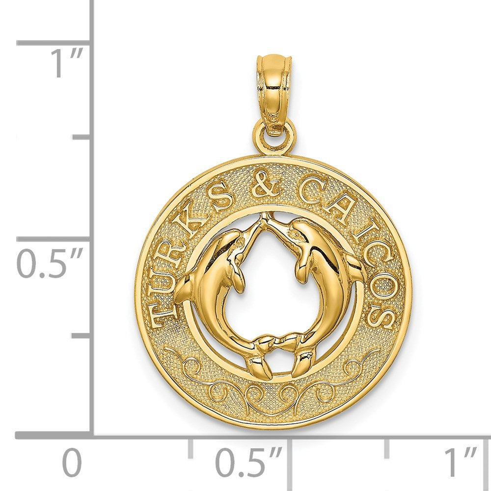 Million Charms 14K Yellow Gold Themed Turks & Caicos On Round Frame With Dolphins Charm