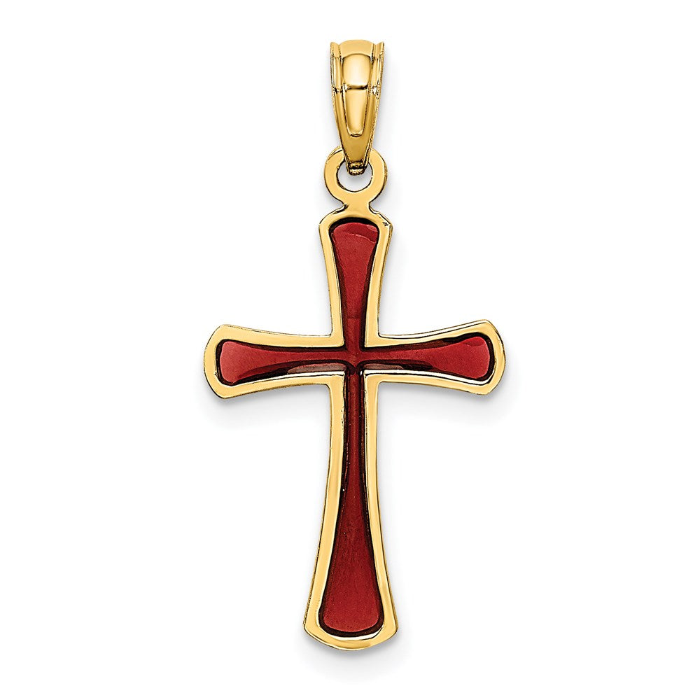 Million Charms 14K Yellow Gold Themed Pink Stained Glass Tapered Relgious Cross Charm