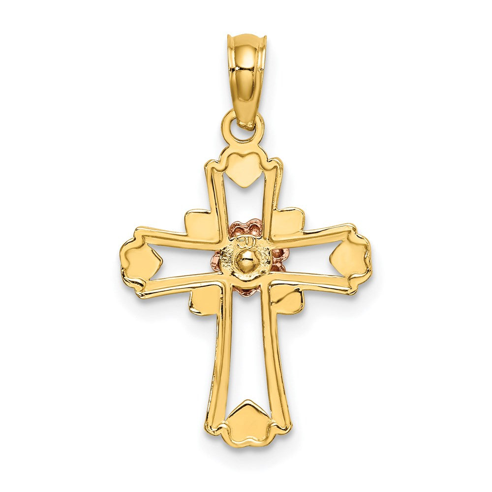 Million Charms 14K Tri-Color Relgious Cross With Flower & Heart Charm