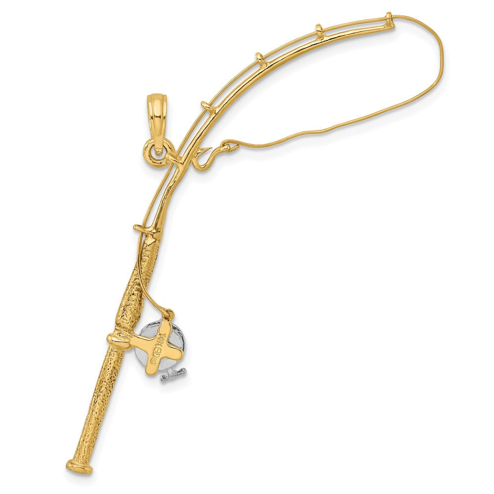 Million Charms 14K Yellow Gold Themed With Rhodium-Plated 3-D Moveable Fishing Pole With Reel Charm