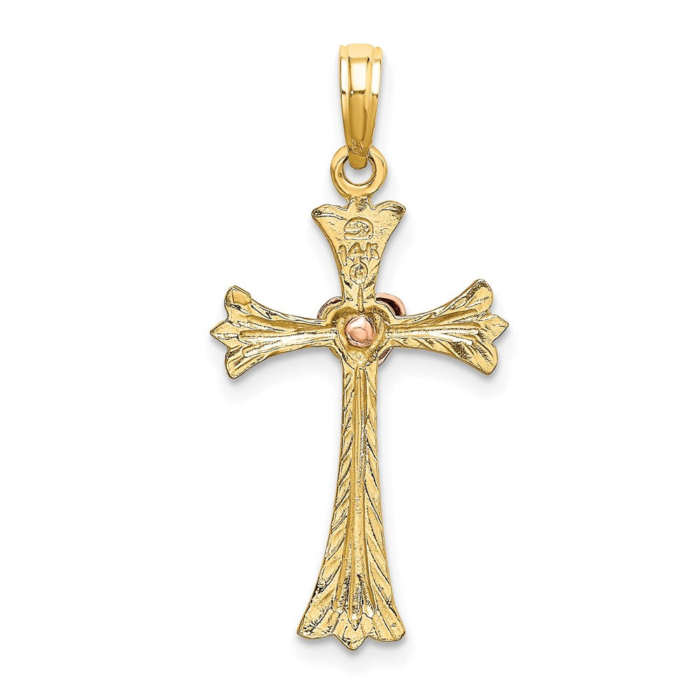 Million Charms 14K Two-Tone Textured Relgious Cross With Heart Charm