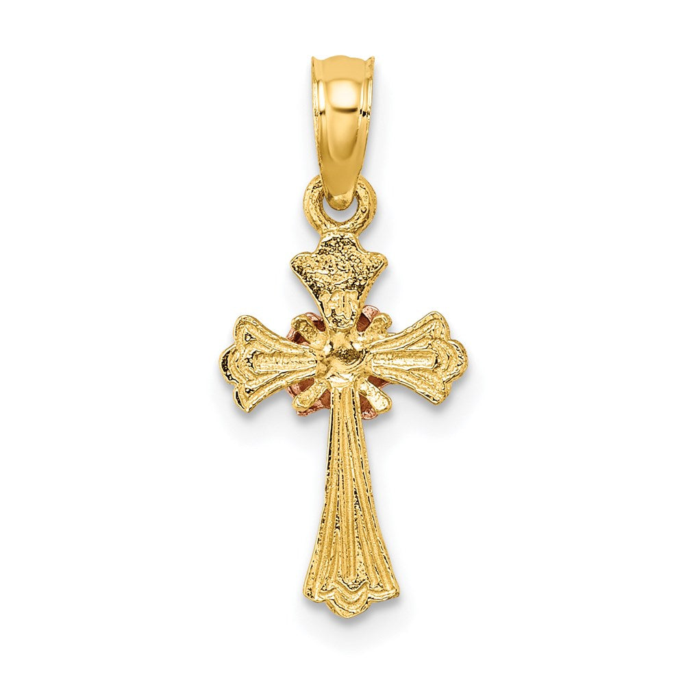 Million Charms 14K Two-Tone Relgious Cross With Small Flower Charm