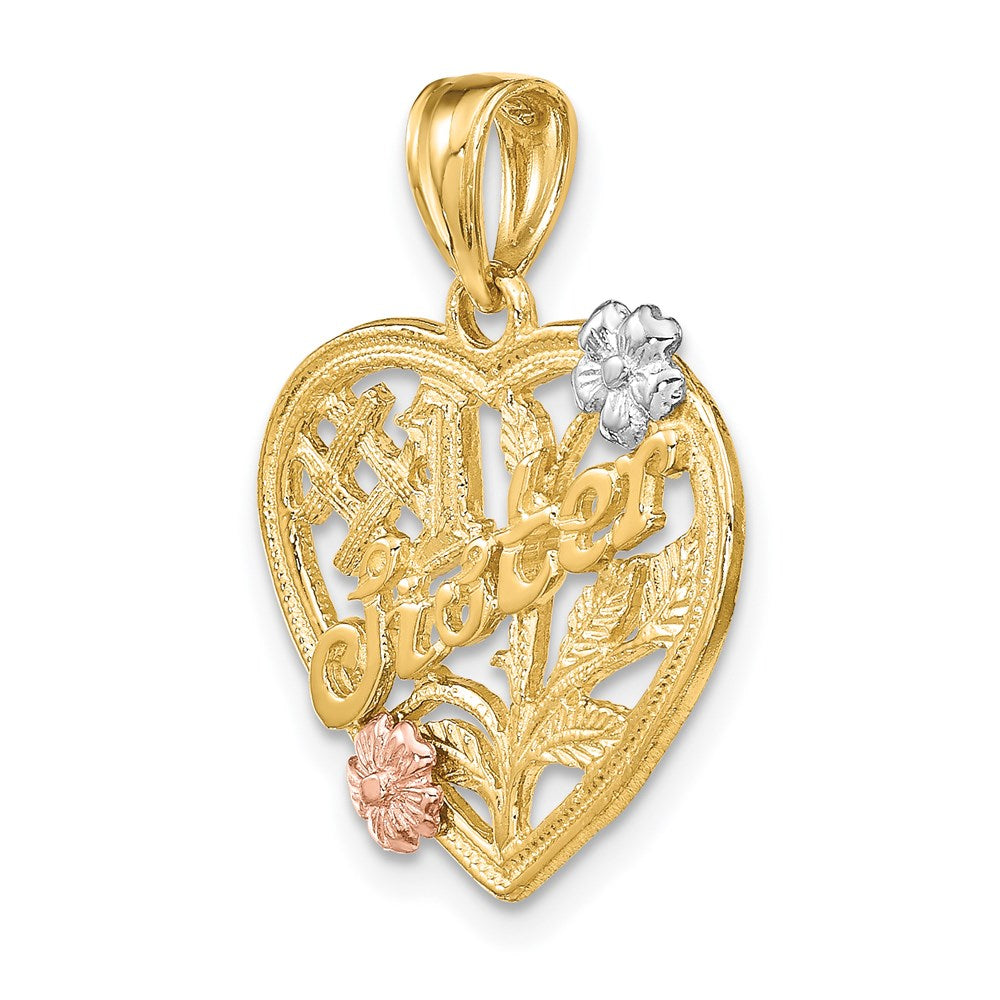 Million Charms 14K Tri-Color #1 Sister On Heart With Flowers Charm