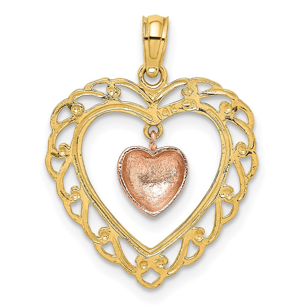 Million Charms 14K Yellow & Rose Gold Themed Polished Dangling Heart In Heart Charm