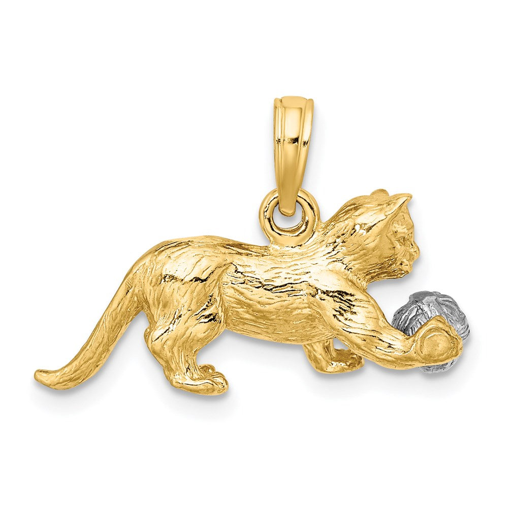 Million Charms 14K With Rhodium-plated 3-D Cat Playing With Moveable Ball Charm