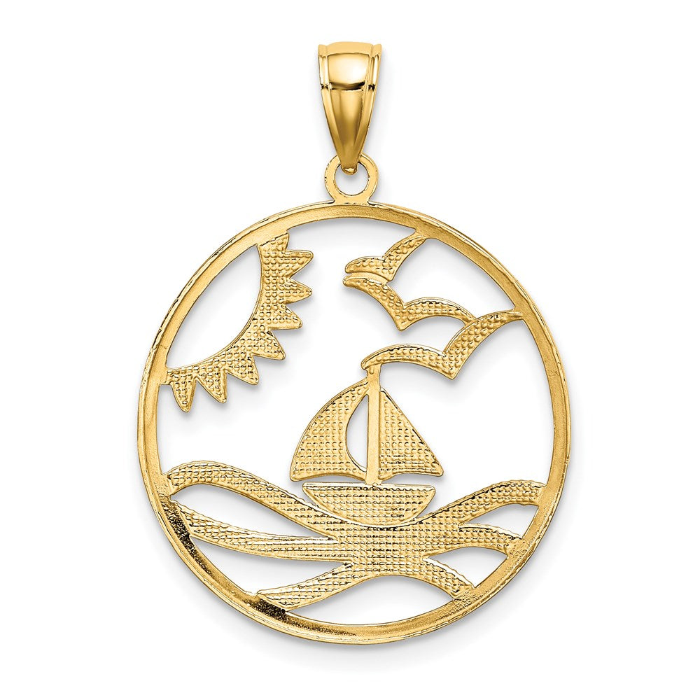 Million Charms 14K Yellow Gold Themed With Rhodium-Plated Sun, Sailboat, Water & Seagulls In Round Frame Charm