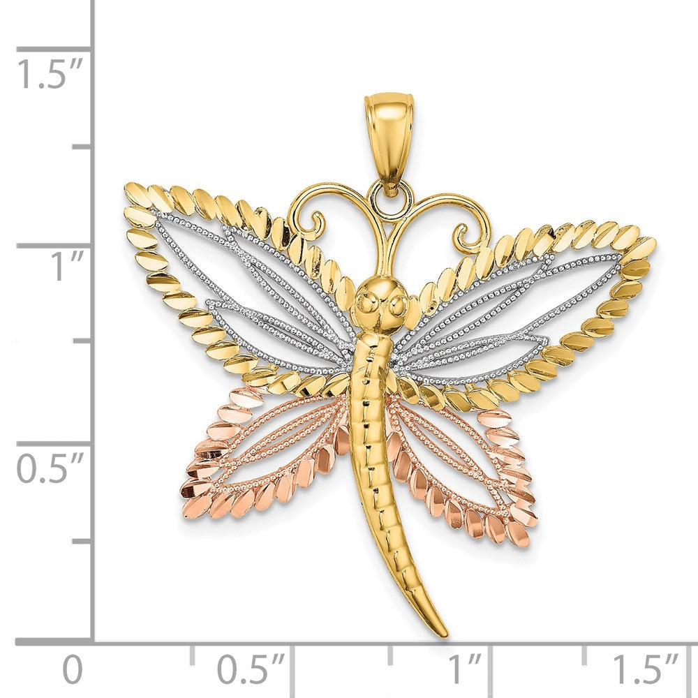Million Charms 14K Tri-Color Dragonfly With Beaded Diamond-Cut Wings Charm