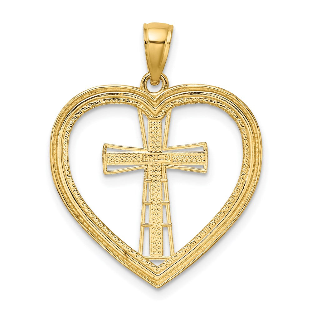 Million Charms 14K Yellow Gold Themed Heart With White Rhodium-plated Relgious Cross In Center Charm