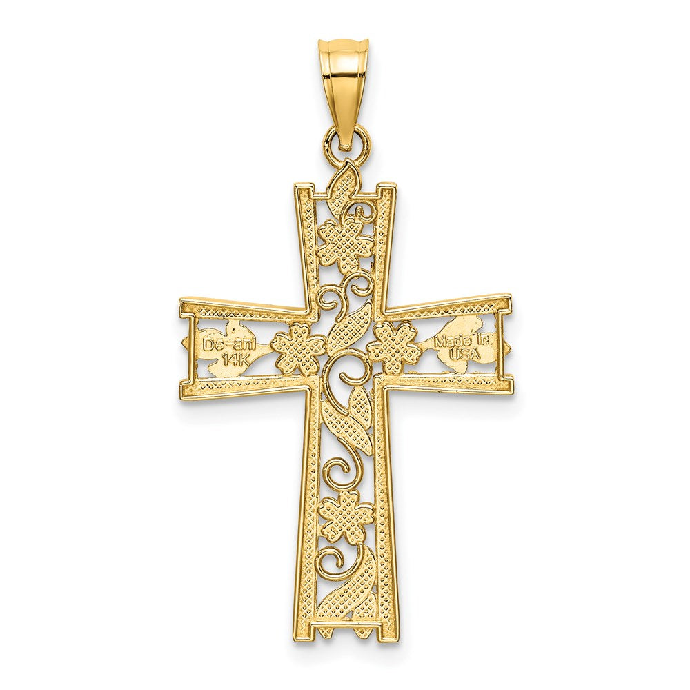 Million Charms 14K Yellow Gold Themed With Rhodium-Plated & Diamond-Cut Flower Design Relgious Cross Charm