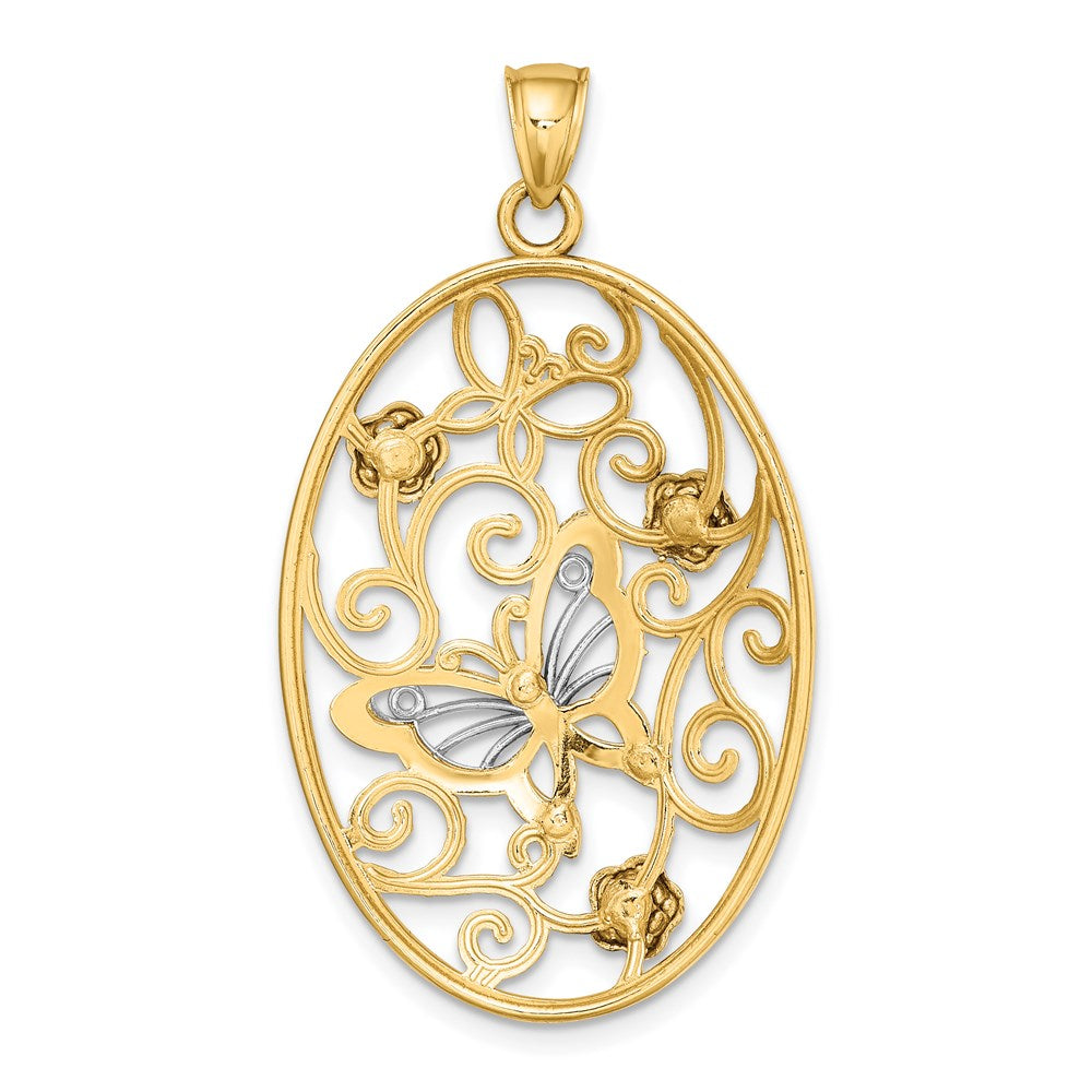 Million Charms 14K Two-Tone & Rhodium-Plated Butterfly & Flower Cluster In Oval Frame Charm