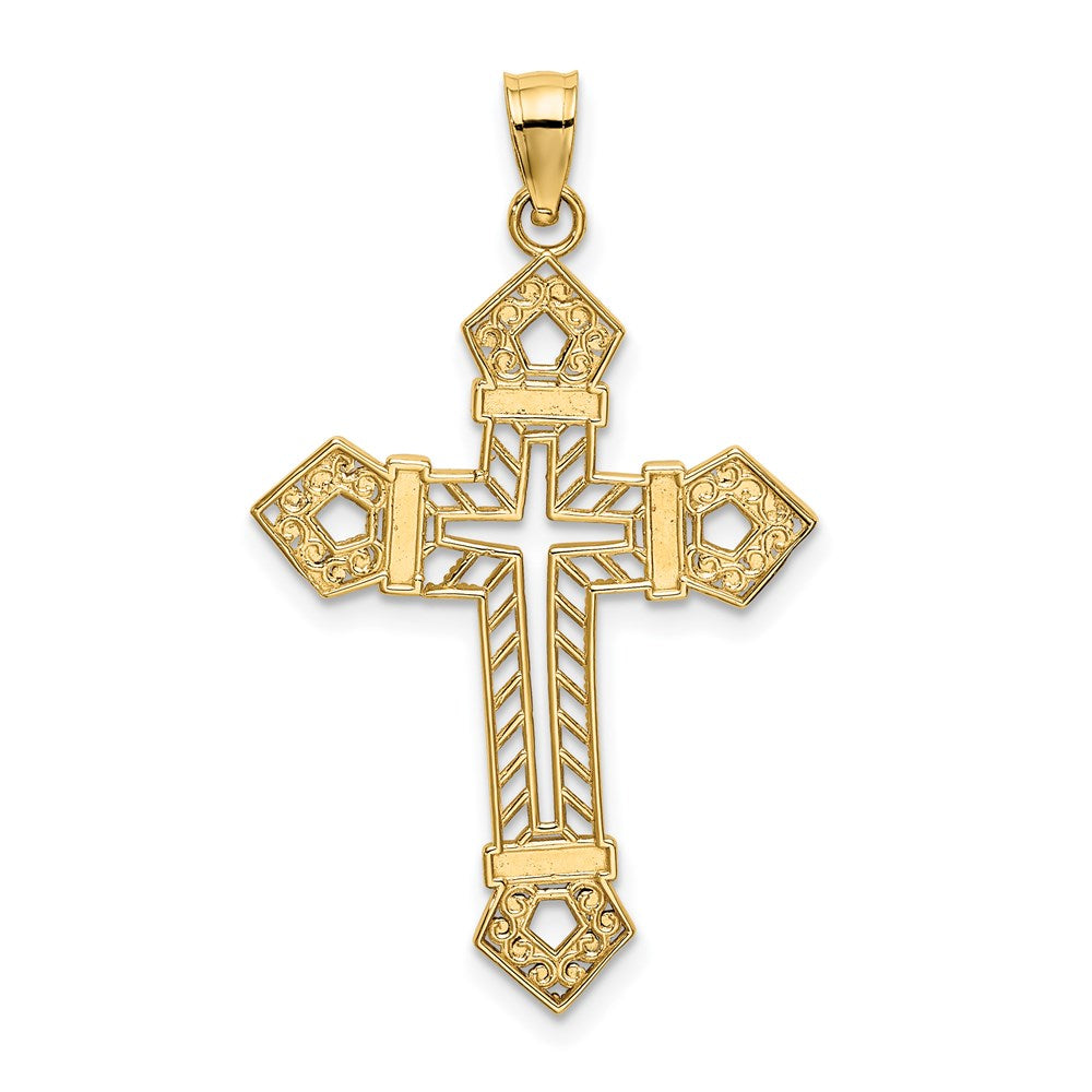 Million Charms 14K Yellow Gold Themed With Rhodium-Plated Textured Pentagon Relgious Cross Charm