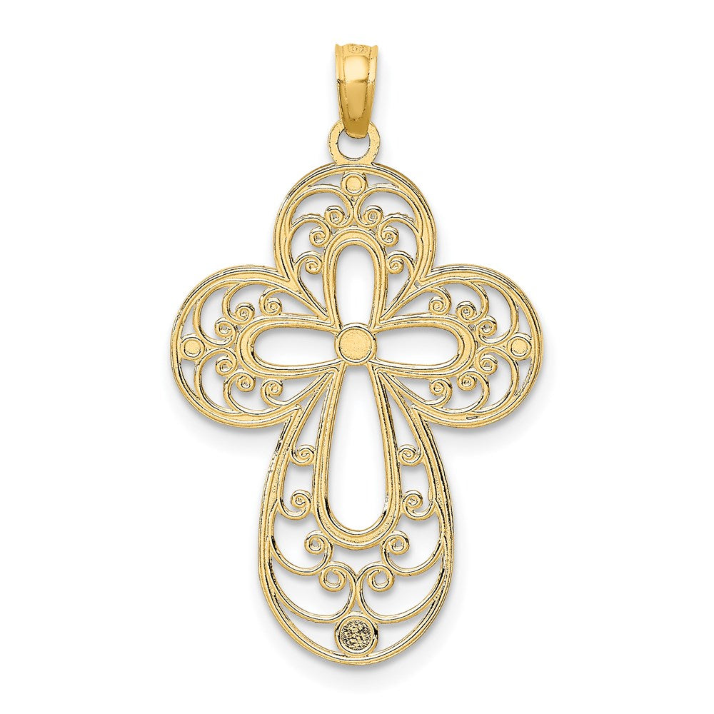 Million Charms 14K Yellow Gold Themed With Rhodium-Plated Diamond-Cut Filigree Relgious Cross Charm