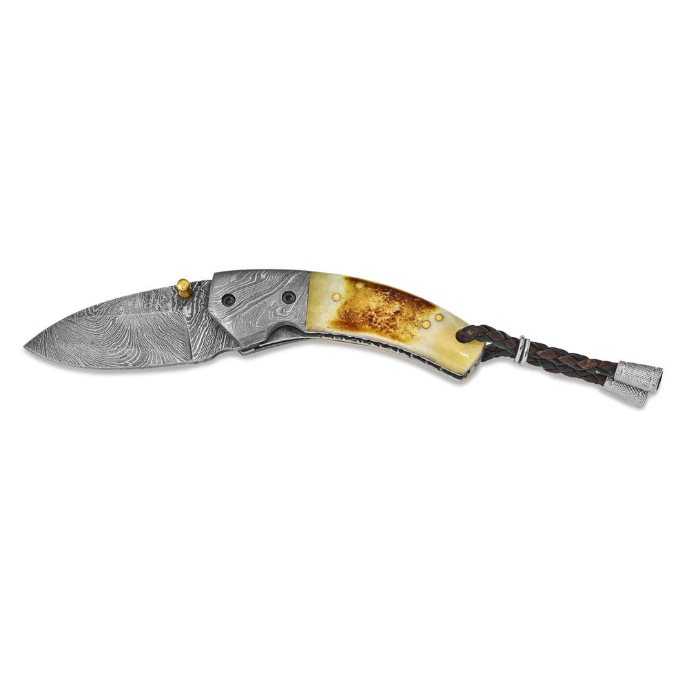 Damascus Steel 256 Layer Folding Blade Tinted Camel Bone Handle Knife