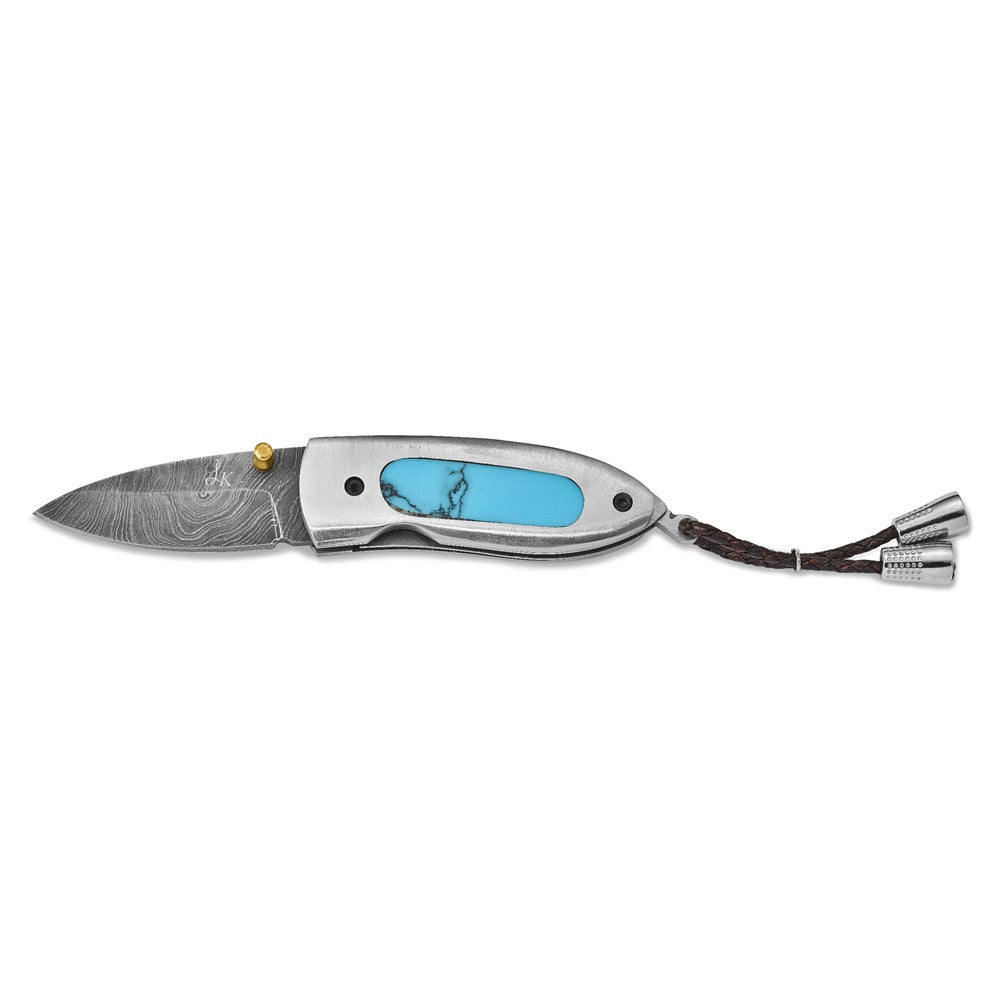 Damascus Steel 256 Layer Folding Blade Compressed Turquoise Handle Knife