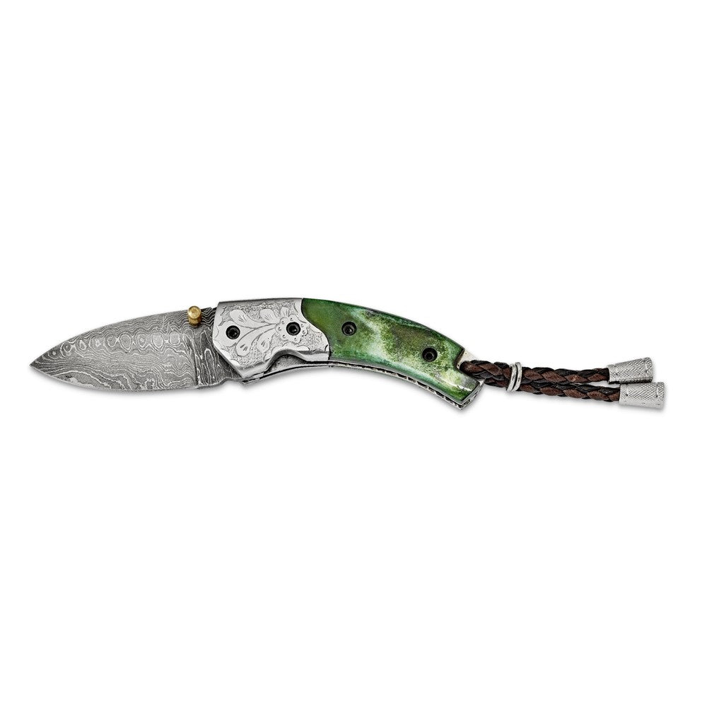 Damascus Steel 256 Layer Folding Blade Tinted Camel Bone Curved Handle Knife