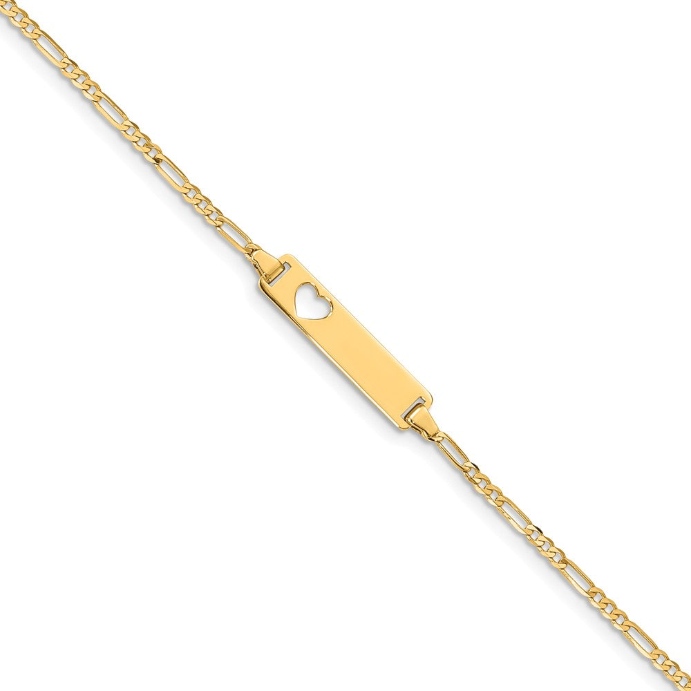 Million Charms 14k Yellow Gold Figaro Link ID, Plate with Cut-out Heart Bracelet, Chain Length: 7 inches