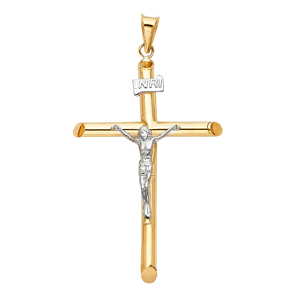 14K Two-tone Gold Religious Hollow Round Tubular Crucifix (30 X 55mm)