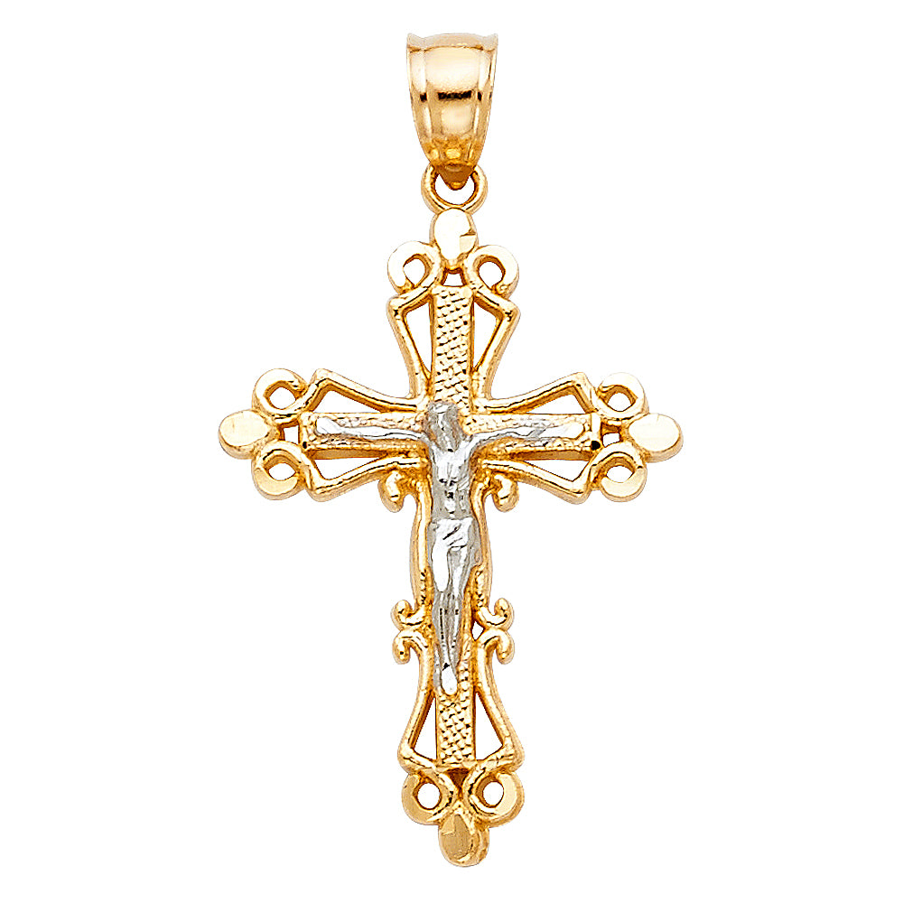 14K Two-tone Gold Religious Fancy Crucifix Charm Pendant (28mm x 20mm)