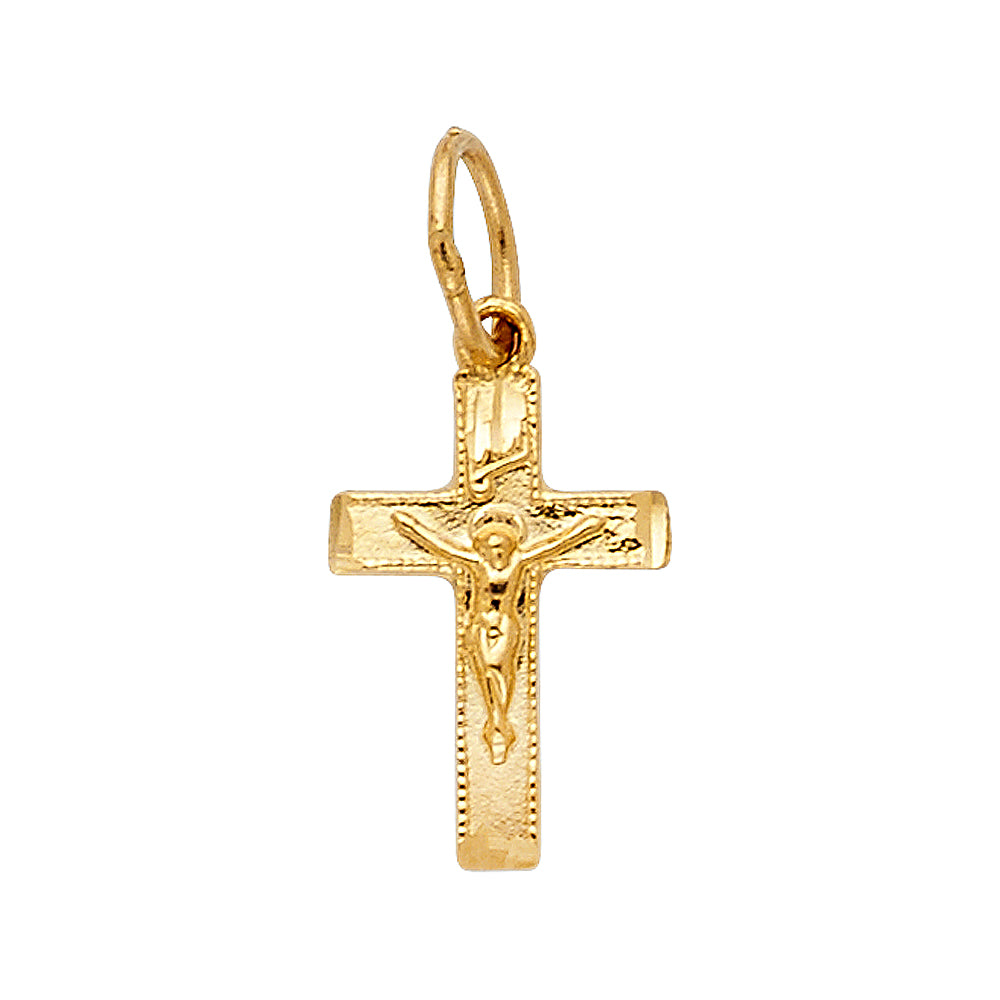 14k Yellow Gold Small/Mini Religious Fancy Tiny Crucifix Charm Pendant (14mm x 9mm)