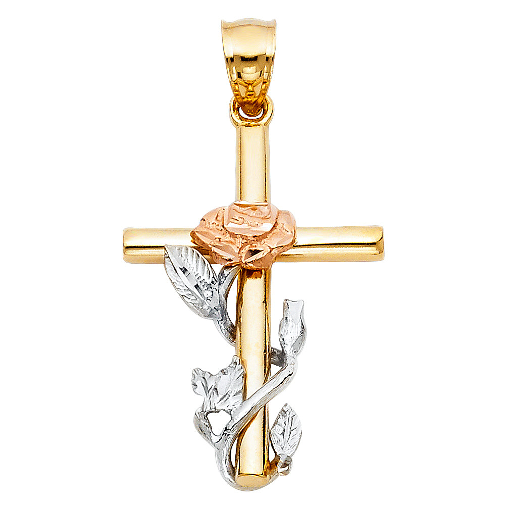 14K Tri-color Gold Religious Cross with Rose Charm Pendant (30mm x 22mm)