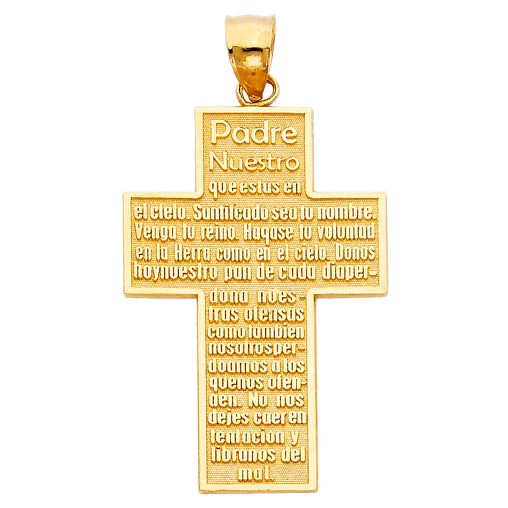 14k Yellow Gold Religious Padre Nuestro Cross Charm Pendant (37mm x 26mm)