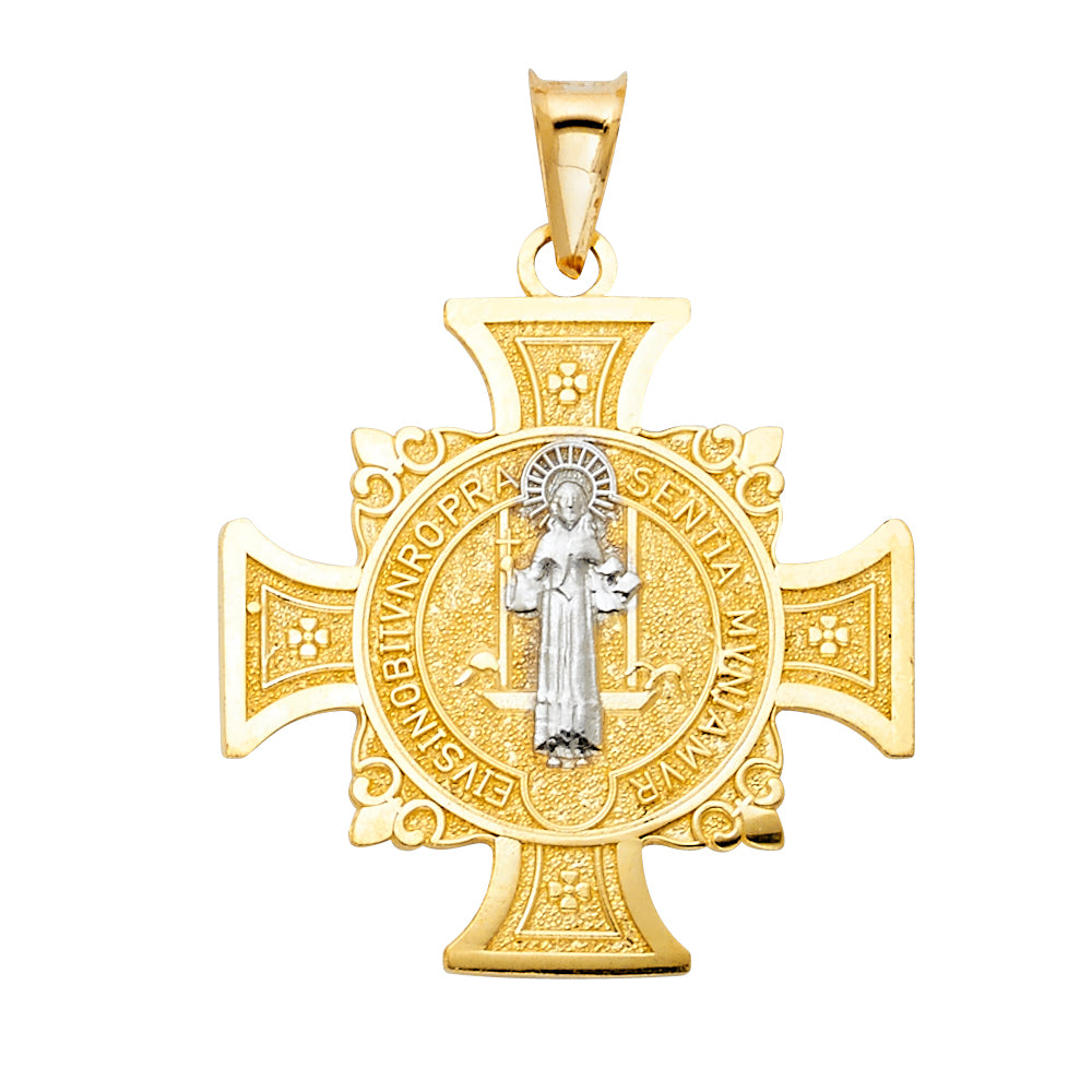 14k Yellow Gold Religious Saint Benedict 4-Way Medal Charm Pendant, EIVS IN OBITV NRO PRAE SENTIA MVNIAMVR (29mm x 26mm)