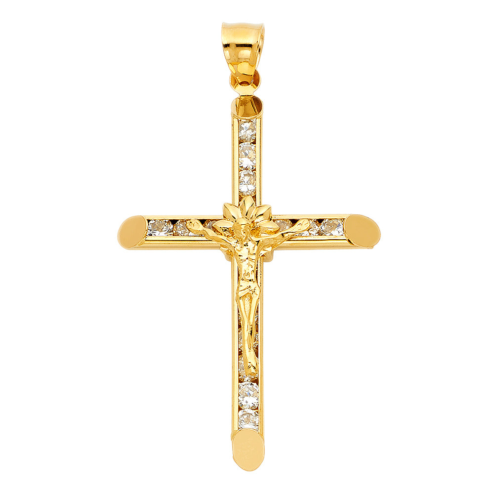 14k Yellow Gold Religious CZ Crucifix Charm Pendant (42mm x 33mm)