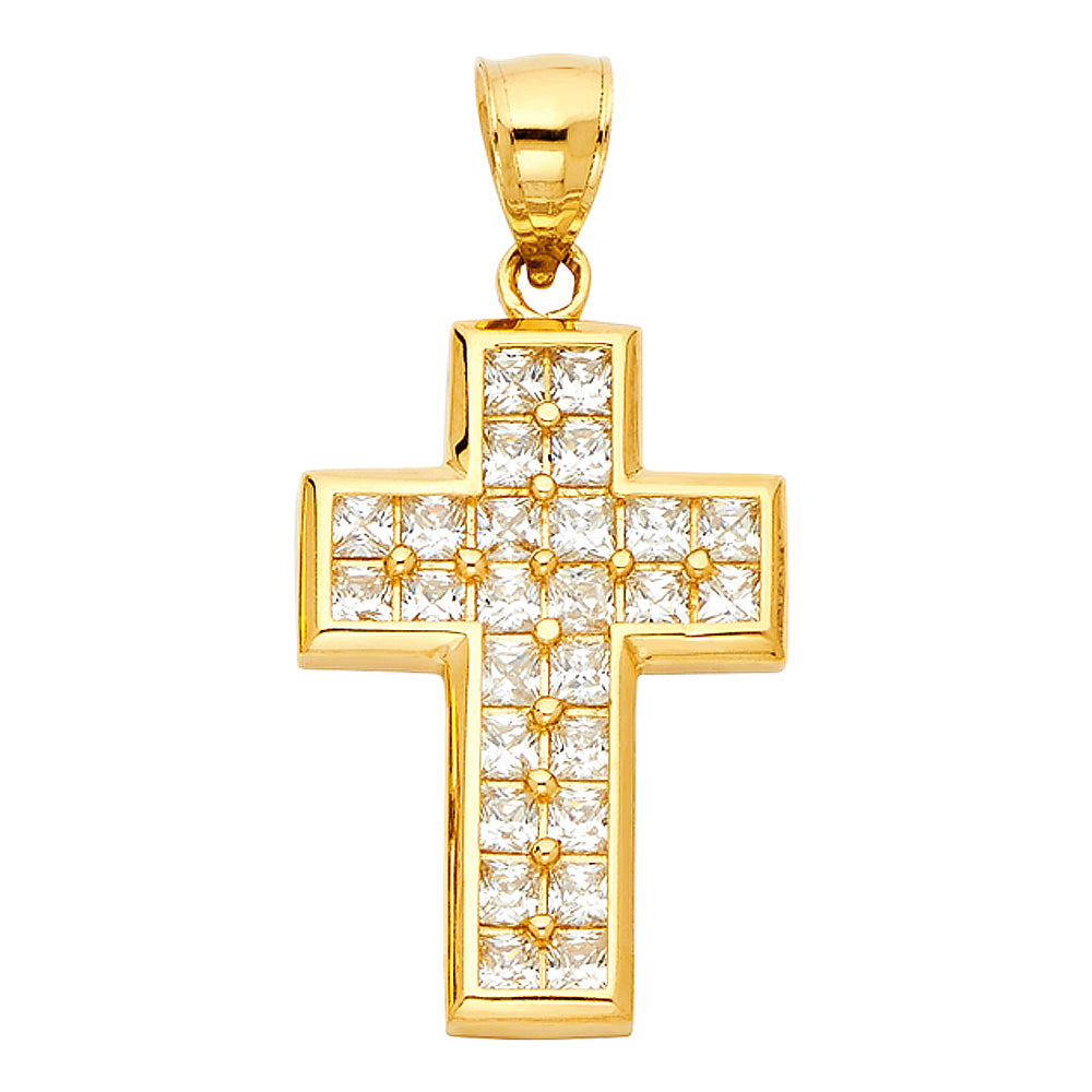 14k Yellow Gold Religious CZ Cross Charm Pendant (29mm x 20mm)