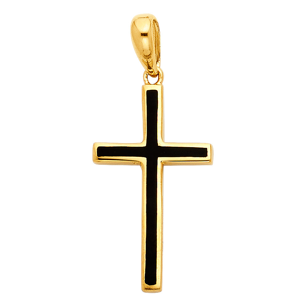 14k Yellow Gold Religious Cross with Black Enamel Charm Pendant (23mm x 13mm)
