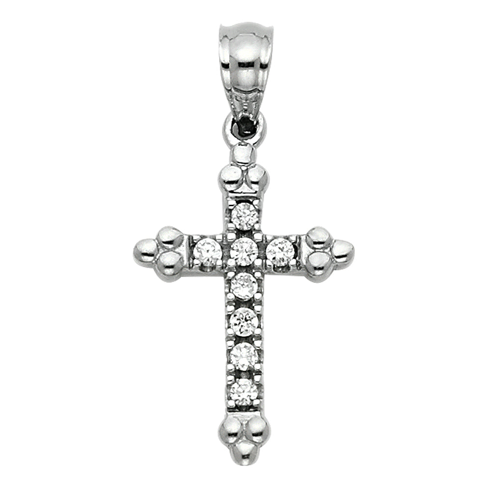 14k White Gold Small/Mini Religious CZ Cross Charm Pendant (16mm x 11mm)