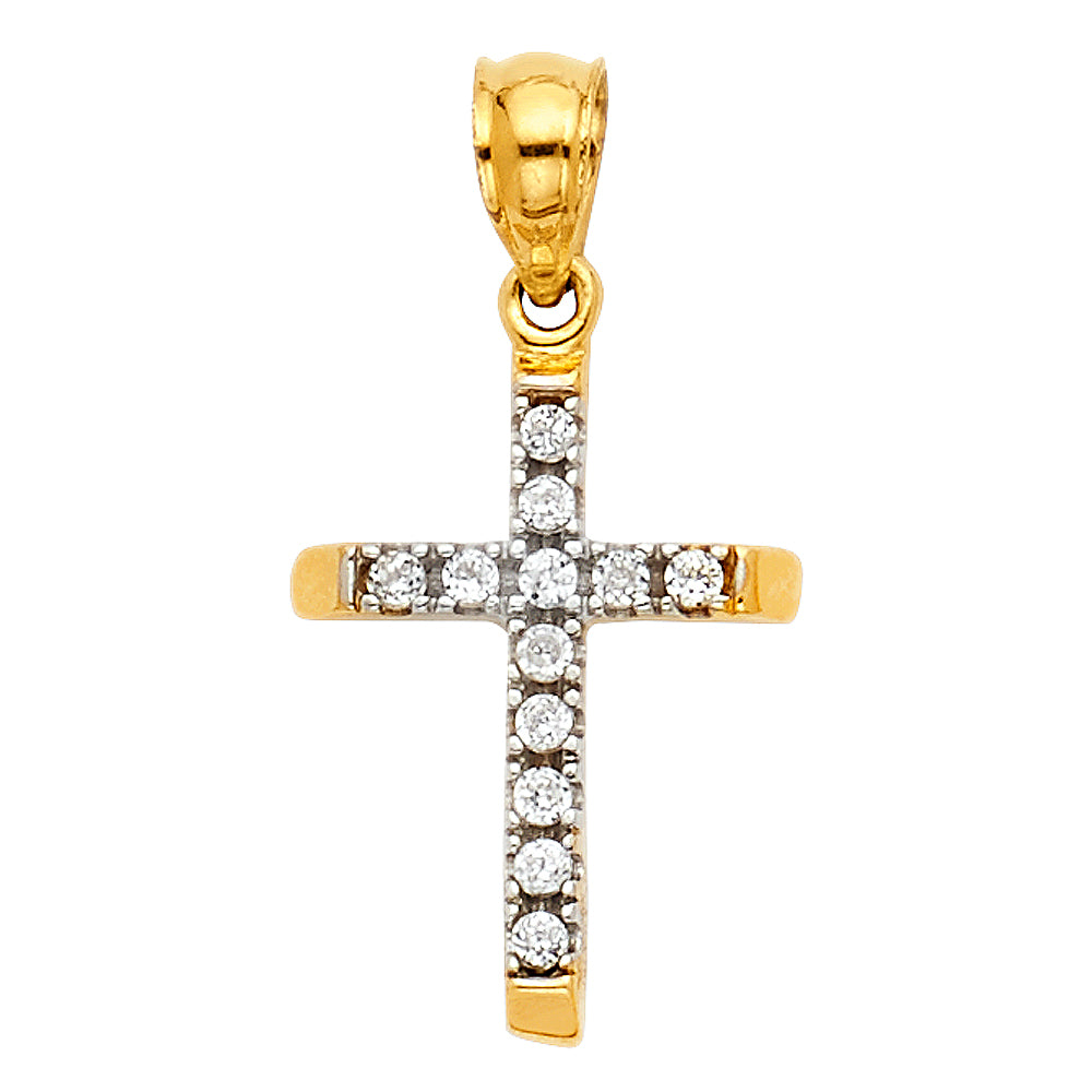 14k Yellow Gold Small/Mini Religious CZ Cross Charm Pendant (16mm x 11mm)