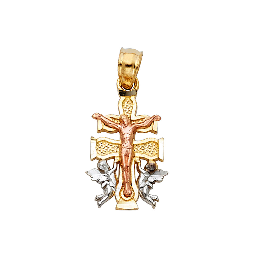 14K Tri-color Gold Small/Mini Religious Spanish Caravaca Del La Cruz Cross Charm Pendant (18mm x 10mm)