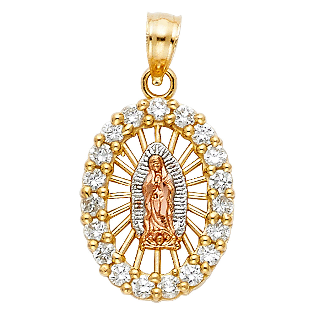 14K Tri-Color Gold with White CZ Accented Our Lady Of Guadalupe Charm Pendant (17mm x 13mm)