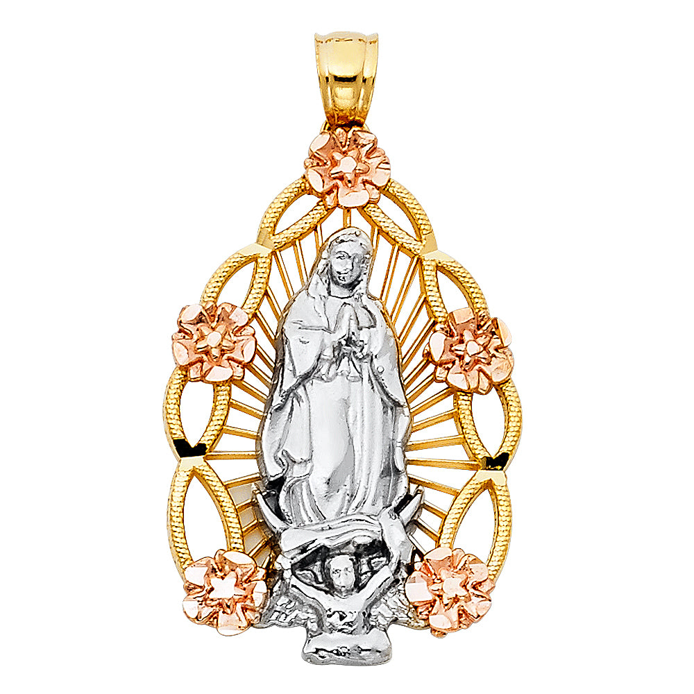 14K Tri-Color Gold Our Lady Of Guadalupe Charm Pendant (32mm x 21mm)