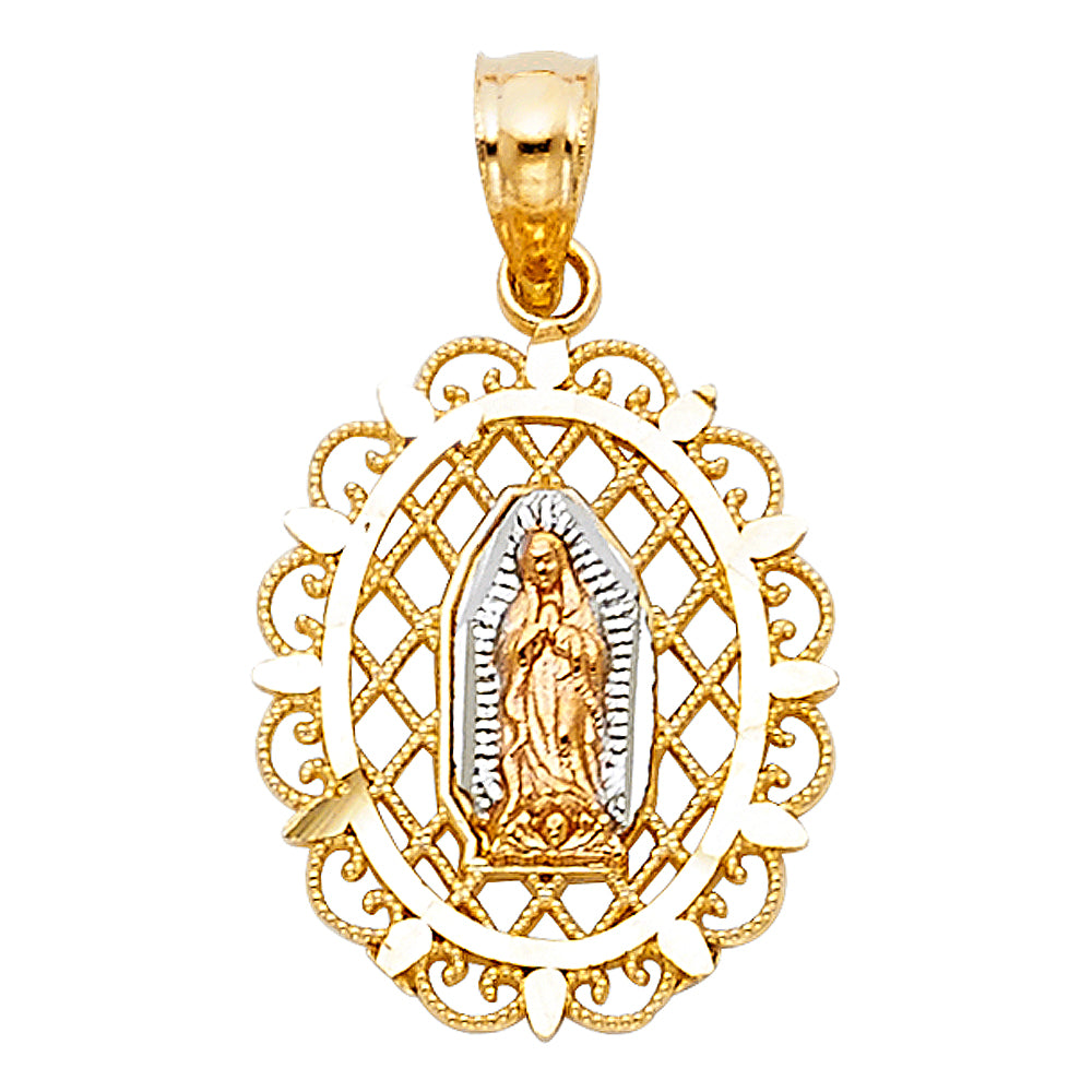 14K Tri-Color Gold Small/Mini Our Lady Of Guadalupe Charm Pendant (17mm x 14mm)